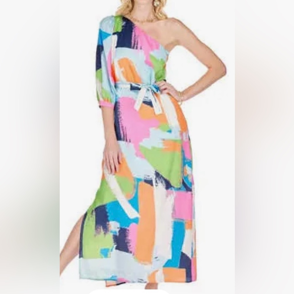 Jade one shoulder Vibrant Abstract Print Maxi Dress